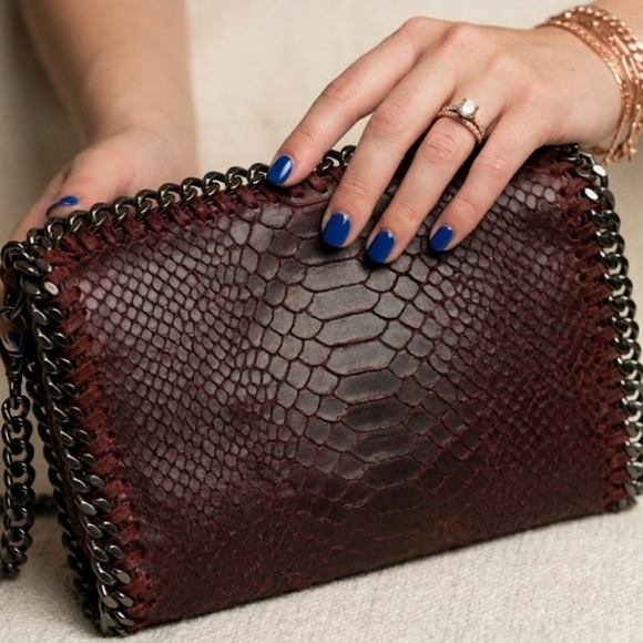Handbags - Italian Leather Snake Embossed Chain Trim Crossbody Bag Burgundy Falabella Style
